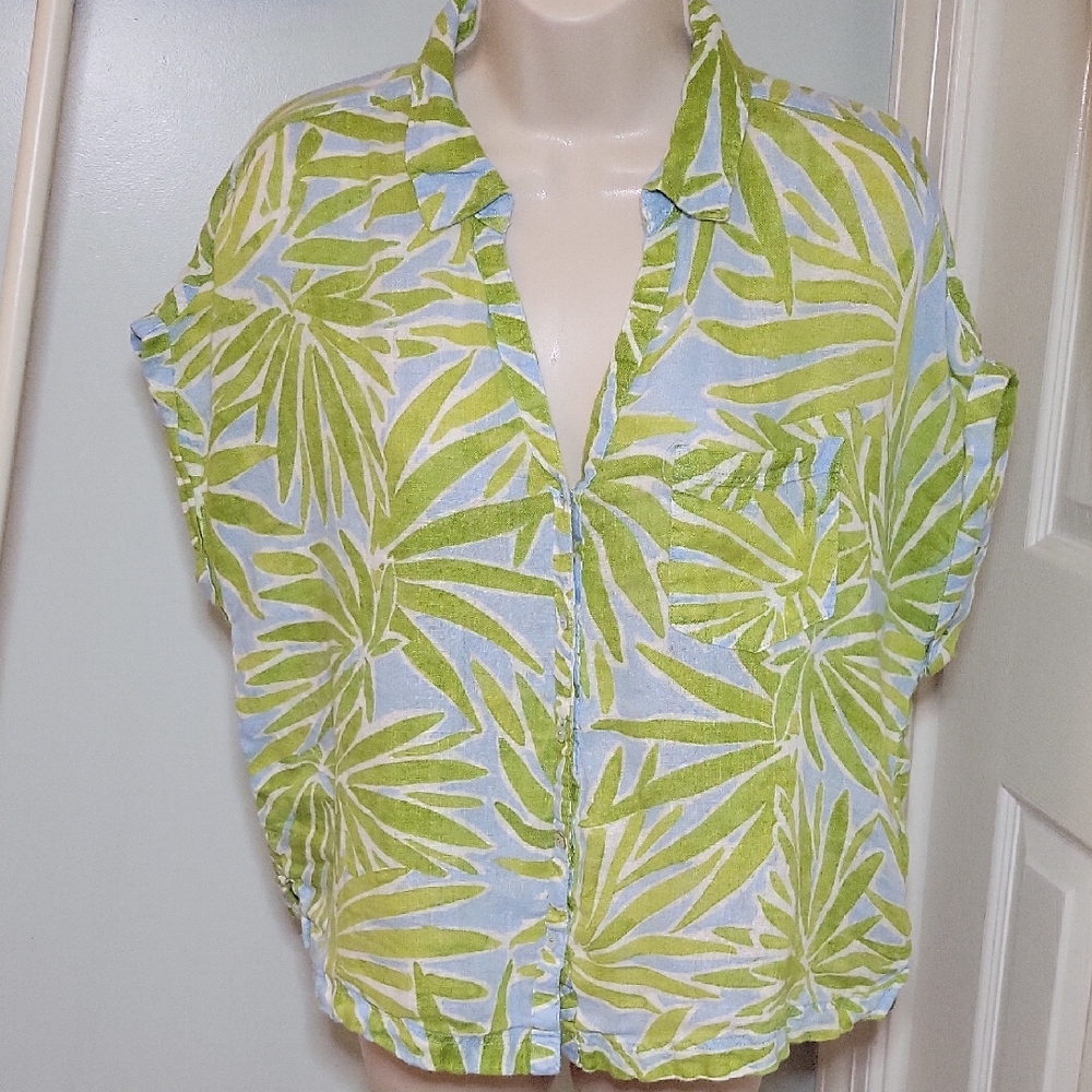 Sigrid Olsen Tropical Print Button Down Linen Shirt In Green and Blue Size Large